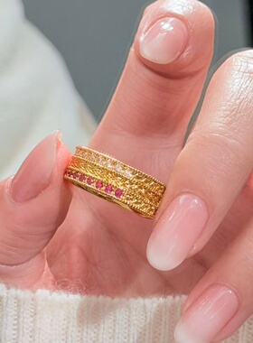 沙金简约镂空蔷薇开口戒指女款轻奢高级感指环手饰金色时尚款女士