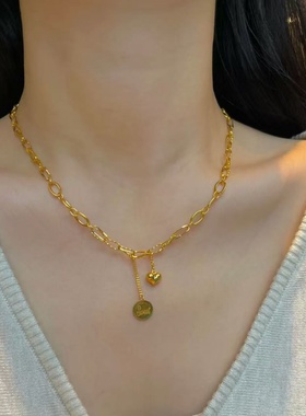 仿金沙金黄金色爱心简约流苏吊坠项链女轻奢合金镀金锁骨链简约