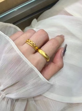 金店同款黄金色沙金轻奢泥鳅背戒指女黄金色开口指环高级感复古