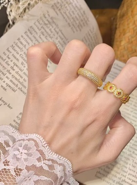 金店同款黄金色沙金红色镶嵌铜钱币开口戒指女黄金色高级感高端
