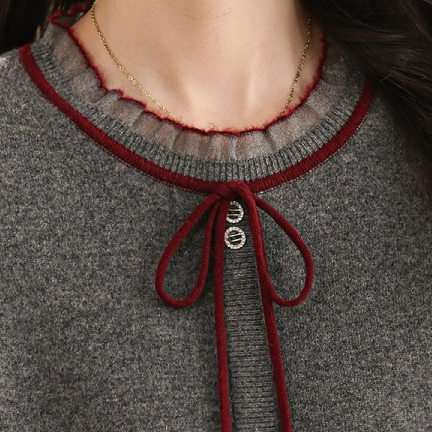 恒源祥纯羊毛衫开衫经典花边毛衣半高圆领针织衫女装上衣时尚简约 - 图2