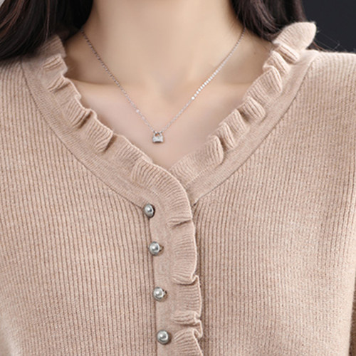 恒源祥气质V领针织衫春秋女装内搭打底衫宽松套头毛衣木耳领线衫 - 图2