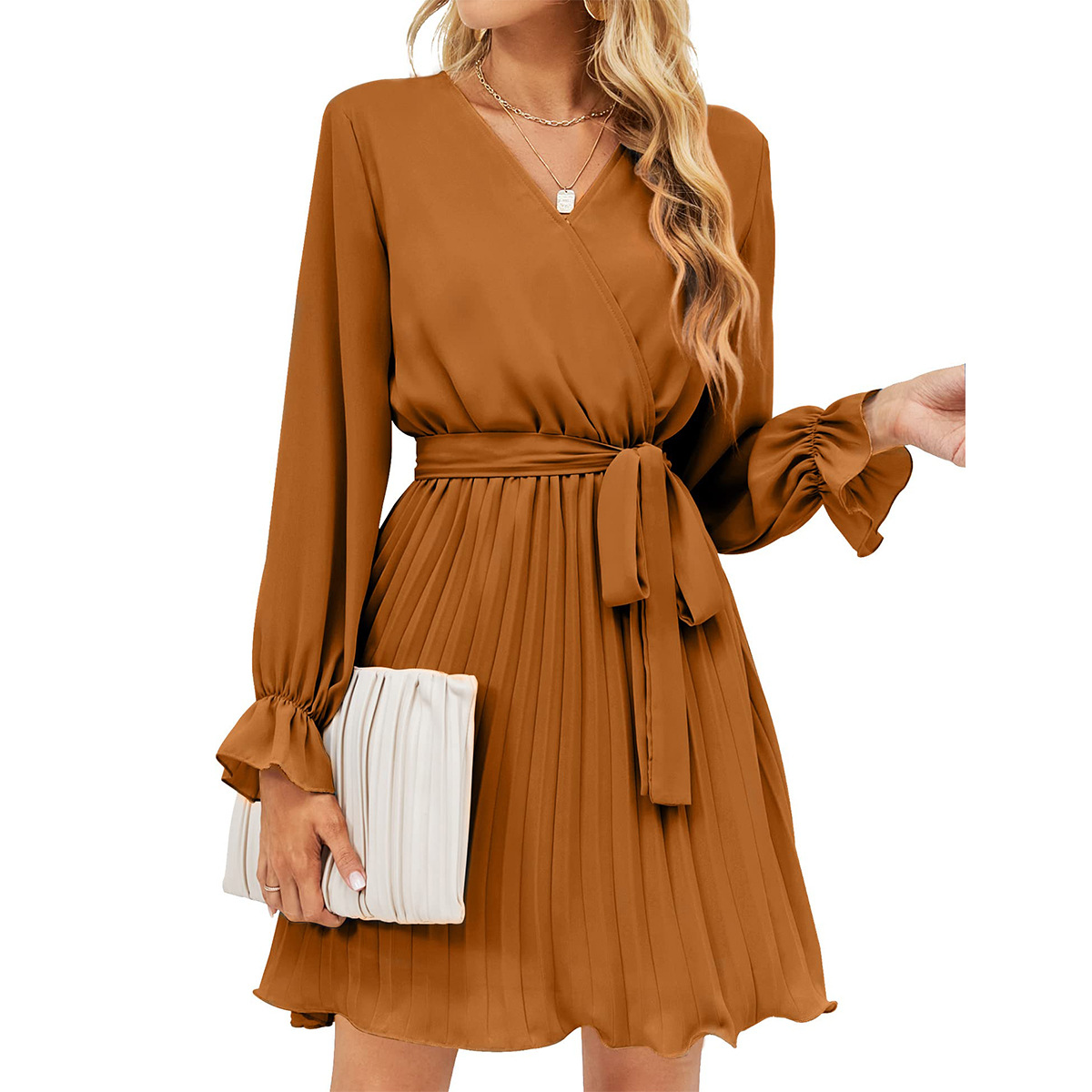 Women's Fashion V-neck Wrap Dress Wedding Guest Casual Pleat - 图3