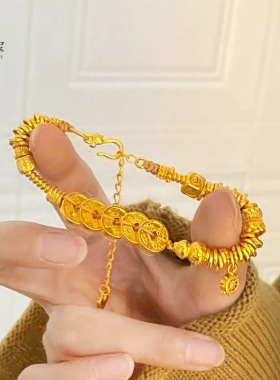 古法沙金手工錾刻八宝吉言五帝钱盘缠手链锤纹葫芦吉祥手串国风
