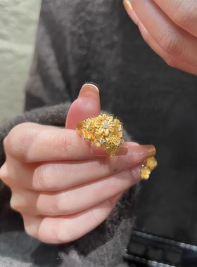 越南沙金繁花锦簇开口戒指女款高颜值镶嵌点钻食指戒送女友礼物