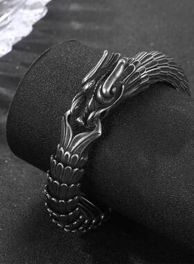 欧美龙麟纹粗手链钛钢男款复古手链 不锈钢铸造手链龙鳞手环E607