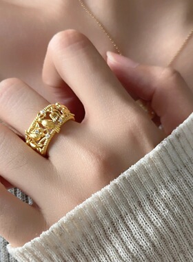 2026女士喜鹊登梅沙金镂空花丝戒指喜上眉梢气质指环国风食指指环