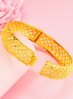 2025新款黄金色越南沙金女式镂空卡扣手镯复古婚庆结婚饰品女手环