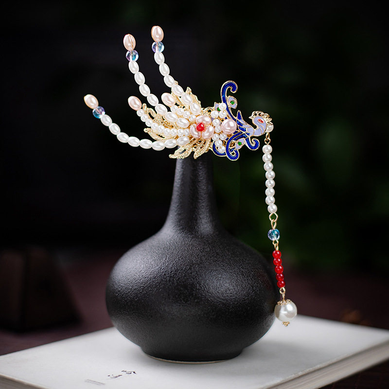 2026新款复古汉服头饰古典景泰蓝边夹流苏步摇凤凰珍珠烧蓝发夹女,淘宝优惠券,粉丝福利购,淘宝优惠卷