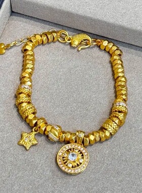 金店同款沙金星星罗盘盘缠手链新中式星轮手串铜镀金小众手饰