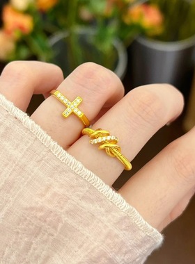 金店同款沙金生生不息素圈戒指简约编织镶钻十字开口指环送女友