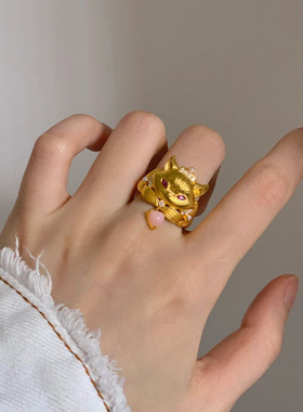 苏妲己新中式拉丝黄金色沙金狐狸戒指女士国风食指戒独特开口指环