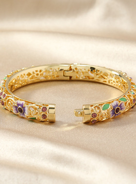 2025复古景泰蓝花朵镂空手镯女开口珐琅旗袍镯子时尚古风送礼手饰