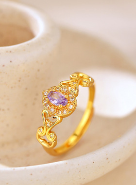 中古风复古紫红椭圆锆石戒指小众高级感沙金戒指轻奢宫廷风可