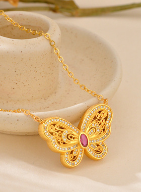 沙金花丝蝴蝶吊坠女轻奢立体仿金幽梦蝶项链小众设计感沙金首饰