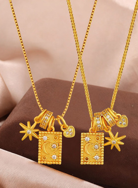 黄金色沙金日月吊坠高级感轻奢项链女士星星月亮流星挂坠爆闪衣链