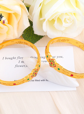 2026女士黄金色珐琅彩芍药花开口手镯沙金个性时尚复古民族风手环