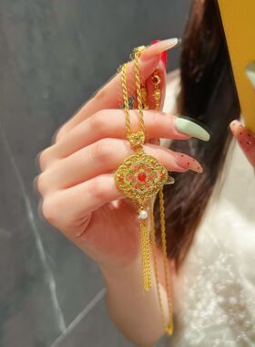 2026复古六瓣花流苏黄金色吊坠项链女莫桑锆石珍珠镶嵌华贵锁骨链
