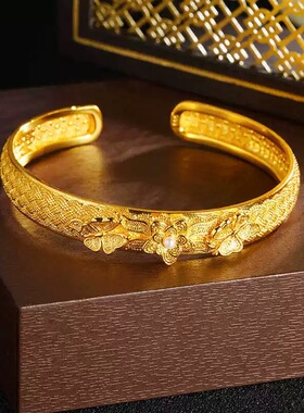 2026新款沙金莲开福来手镯女款中式复古花丝仿真金宫廷风开口手环