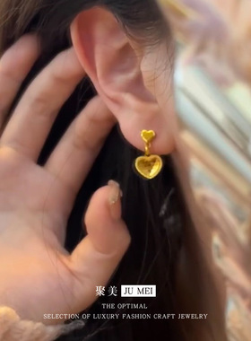 2026金店同款黄金色龙鳞双爱心耳钉气质耳饰时尚百搭女款沙金耳环