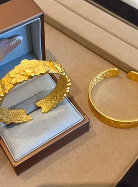 沙金黄金色古法沙金富贵牡丹花手镯精致新中式复古风百搭手镯