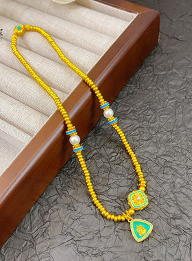 金店同款沙金999古法冰蓝花丝珐琅四合如意双圈手链女新中式项链