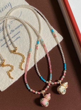 新中式珐琅滴釉粉葫芦珍珠长款项链女士时尚气质高级感串珠锁骨链