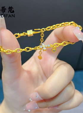 黄金色沙金点钻巴洛克十字架爱心小滴流手链女时尚百搭气质款手串