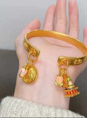 沙金古法錾刻吉言黄财神宝塔手镯国潮莲花包挂坠开口镯子送女友