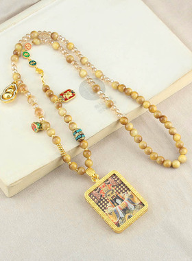 2025藏式唐卡五路财神吊坠项链女新中式仿金虎眼串珠民族风毛衣链