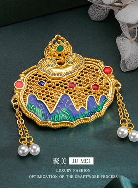 沙金烧蓝千里江山蝴蝶锁吊坠正反面绝美两戴款黄金色宫廷风锁骨