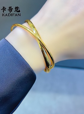 金店同款古法越南黄金色沙金实心镜面圆条双圈手镯女士马赛克手环