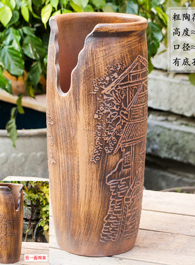 特大号手工陶罐花盆直筒复古雕刻透气花盆九尾狐粗陶陶瓷花盆包邮