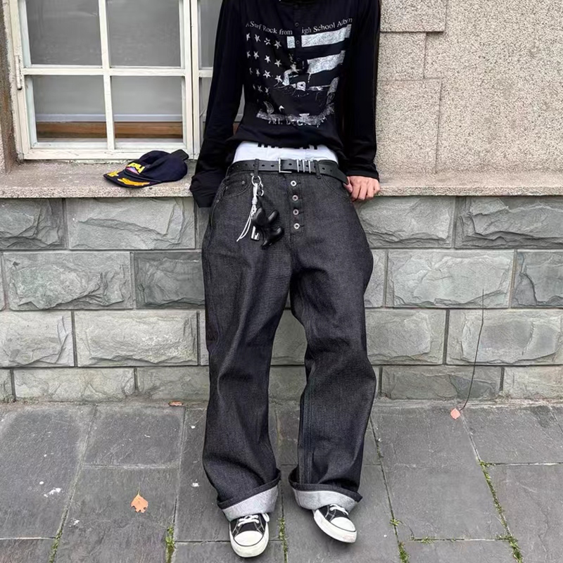 自主原版 康龙面料 五连麦穗扣原色重磅宽松直筒牛仔裤14oz养牛 - 图1