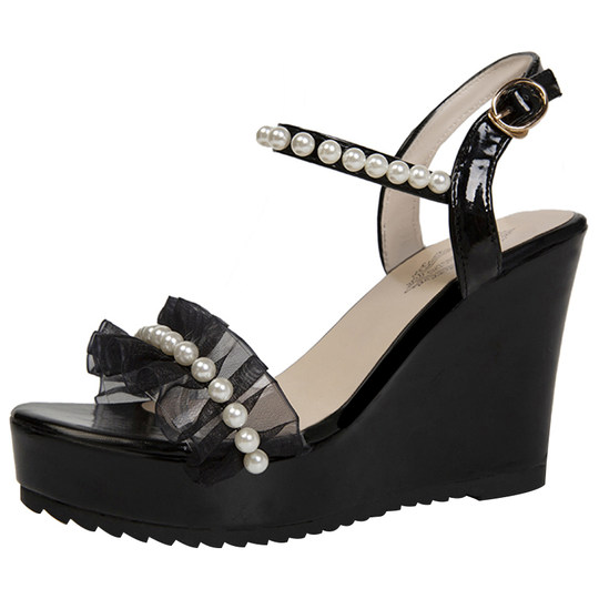 Sandales compensées en perles pour femmes, plateforme, talons hauts