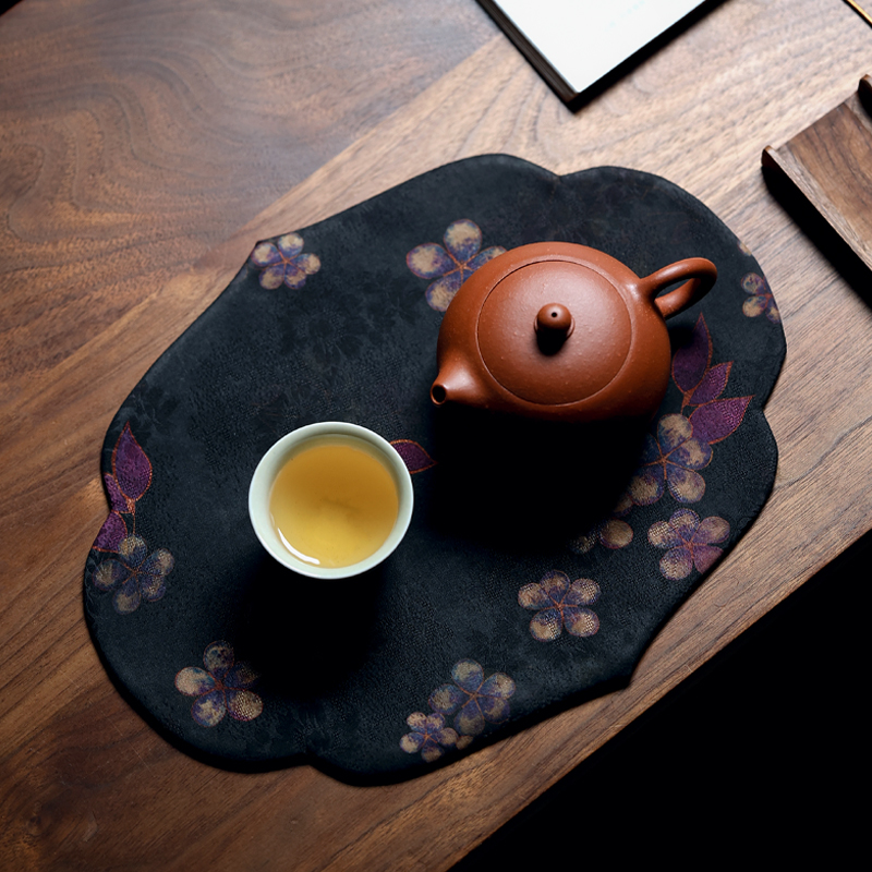 中式布艺香云纱素雅茶席茶巾桌垫莲花海棠杯垫茶具配件零配茶禅意