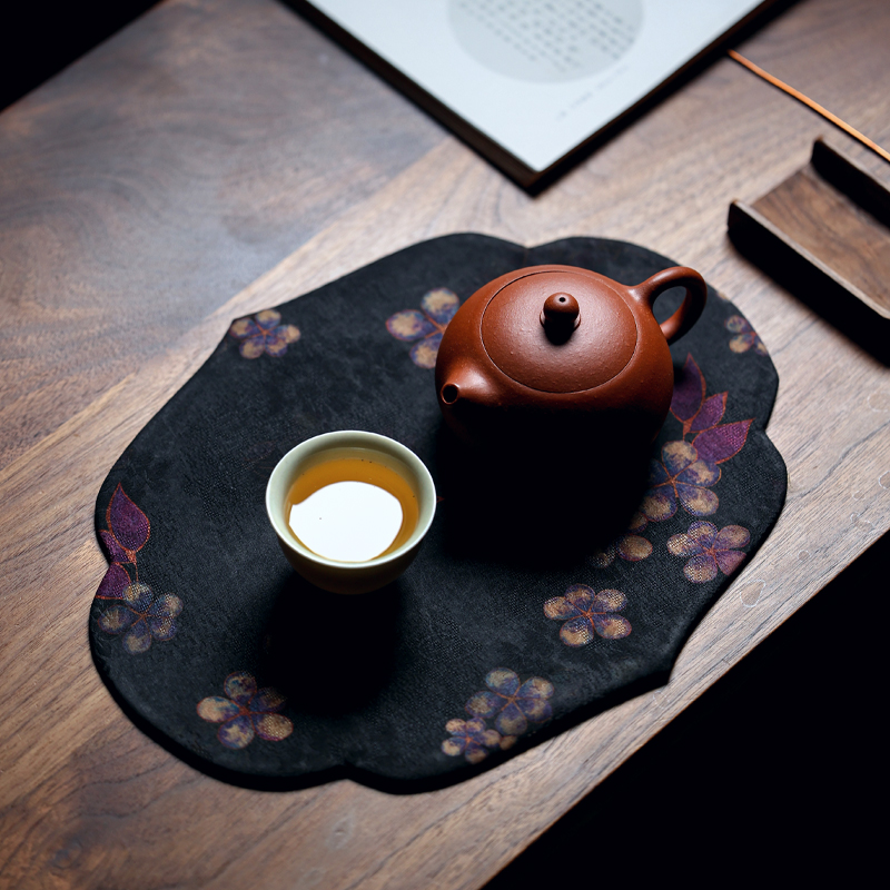 中式布艺香云纱素雅茶席茶巾桌垫莲花海棠杯垫茶具配件零配茶禅意