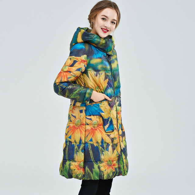 2023 winter brand printed down jacket ethnic style a-line