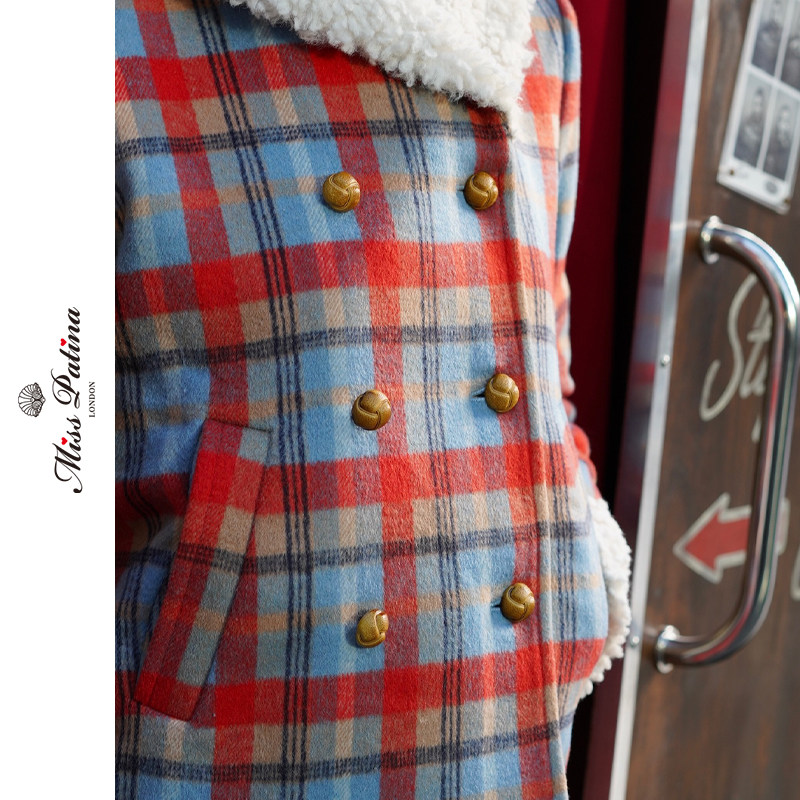 MP英伦复古原创设计 羊羔毛领格子双排扣毛呢短款外套+针织帽套装,淘宝优惠券,粉丝福利购,淘宝优惠卷