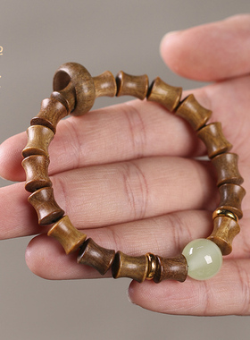 禅木匠绿檀木竹节夜光珠手链