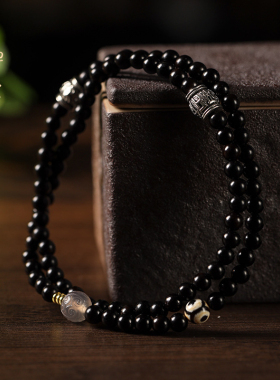 禅木匠【夜中星】紫光檀黑檀木灰玛瑙回纹珠三圈文艺古风手串男女