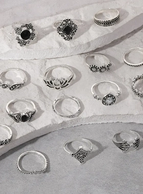 波西米亚复古古银莲花女戒指指环