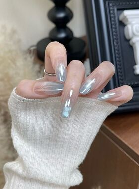 春夏蓝色显白指尖渐变玻璃珠手工气质简约电镀猫眼高级可拆卸美甲