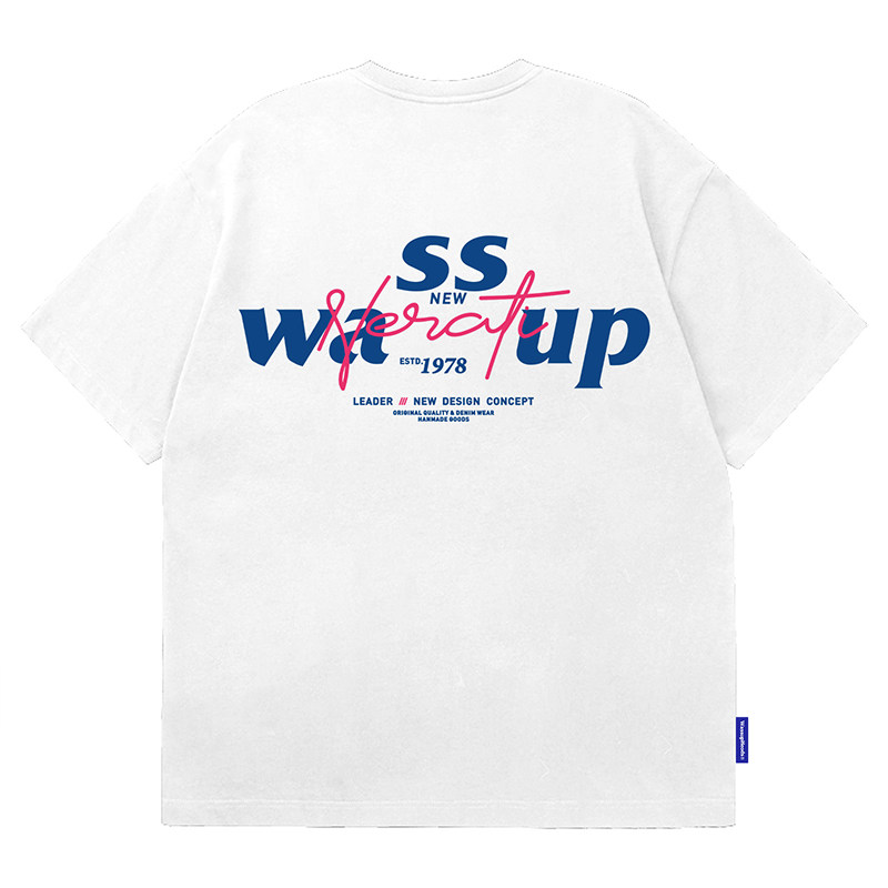WASSUP HEODS 夏季手写草书英文LOGO短袖t恤男纯棉美式重磅国潮牌