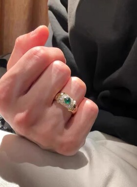 轻奢复古风祖母绿锆石镶钻开口戒女个性百搭指环小众设计感食指戒