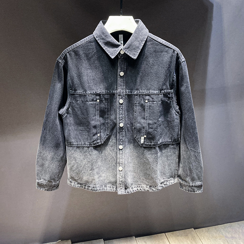秋冬2025潮流痞帅黑灰渐变牛仔衬衫外套ins小众潮牌设计感夹克男 - 图0