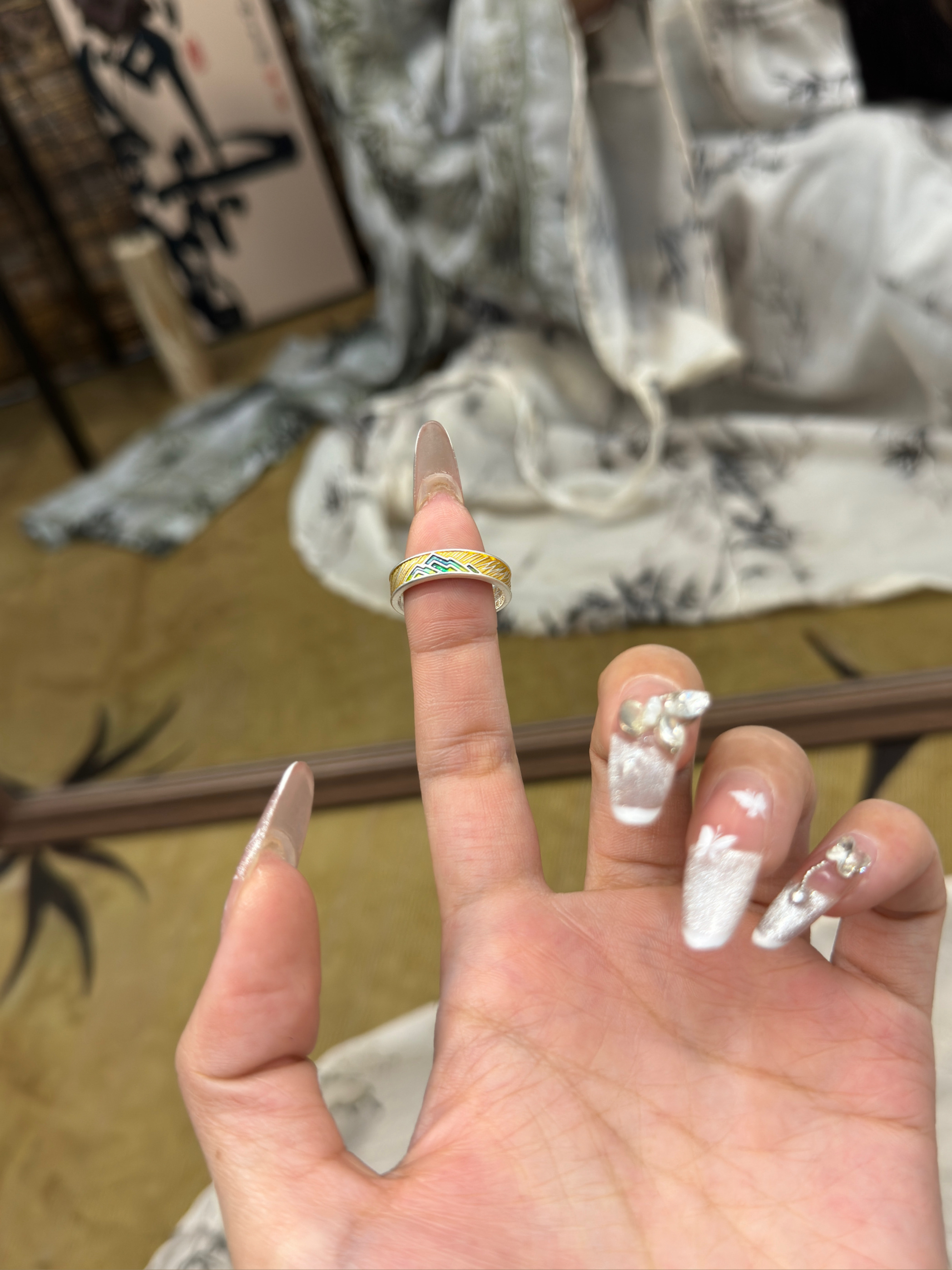 兮语「山盟」足银999.9戒指女新中式古法描金海誓山盟情侣对戒 - 图0