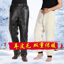 Real Sheep Leather Pants Men Thickening Winter Riding Middle Aged Fur One-piece Leather Cotton Pants Locomotive Leather Pants Man