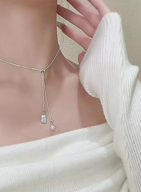 气质轻奢珍珠方牌抽拉项链女2025新款锁骨链时尚百搭高级感配饰潮