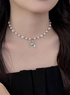 韩国新款鱼尾珍珠流苏项链复古轻奢高级感名媛风锁骨链时尚配饰女